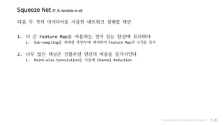 Squeeze Net (F. N. Iandola et al)
Various types of Convolution layers P.38
다음 두 가지 아이디어를 사용한 네트워크 설계법 제안
1. 더 큰 Feature Map을 사용하는 것이 성능 향상에 유리하다
1. Sub-sampling을 최대한 후반부에 배치하여 Feature Map의 크기를 유지
2. 너무 많은 채널은 컨볼루션 연산의 비용을 증가시킨다
1. Point-wise Convolution을 사용해 Channel Reduction
 