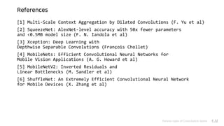 References
[1] Multi-Scale Context Aggregation by Dilated Convolutions (F. Yu et al)
[2] SqueezeNet: AlexNet-level accuracy with 50x fewer parameters
and <0.5MB model size (F. N. Iandola et al)
[3] Xception: Deep Learning with
Depthwise Separable Convolutions (François Chollet)
[4] MobileNets: Efficient Convolutional Neural Networks for
Mobile Vision Applications (A. G. Howard et al)
[5] MobileNetV2: Inverted Residuals and
Linear Bottlenecks (M. Sandler et al)
[6] ShuffleNet: An Extremely Efficient Convolutional Neural Network
for Mobile Devices (X. Zhang et al)
Various types of Convolution layers P.52
 