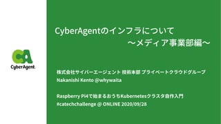 CyberAgentのインフラについて
〜メディア事業部編〜
株式会社サイバーエージェント 技術本部 プライベートクラウドグループ
Nakanishi Kento @whywaita
Raspberry Pi で始まるおうちKubernetesクラスタ⾃作⼊⾨
#catechchallenge @ ONLINE / /
 