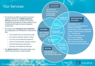 Our Services

  • The services we offer are centred around our
    extensive experience of M&A programme
                                                                                        ADVISORY
    delivery because the benefits of successful
    acquisitions (synergies and value-creation) must                                M&A strategy
                                                                                 Target selection
    be delivered through structured integration                                                                    INTEGRATION
                                                                                Stakeholder
    programmes                                                                  management Integration
                                                                                                                     DELIVERY

  • We support you throughout and in-between                                                     leadership      Programme set-up
                                                                                                                     Work stream
    your acquisitions and divestitures to help ensure                                                          management & business
                                                                                          Talent                       alignment
                                                                                                                Transitional services
    that:                                                                                retention                      Agreements
        • Your transition team are trained and ready                   TRAINING                          Synergy identification and delivery
                                                                                        Programme
        • You improve acquisition decision making                       M&A training communication
                                                                                                             Day 1 preparation
                                                                                                            Target Operating Model
        • You set up and manage the programme                            Integration
                                                                           kick-off                          Post-close planning
        • There’s minimal business disruption at Day 1                                  M&A
                                                                                                                Project prioritisation
                                                                                     capability
        • Prioritised projects are well planned                                     assessment                    First 100 days
                                                                                                Risk & Issue
                                                                                                                         Quick wins
        • Synergies are identified and delivered                                                management          1st & 2nd wave
                                                                                  REVIEW            Tracking &
                                                                                                                     integration
  • Our global network of associates allows us to                                                    reporting
                                                                                  Due diligence
    deliver these services in most countries
                                                                                    Programme audit
                                                                                             Post –
                                                                                          integration
                                                                                            review




                                                                                                     Page 3
© 2011 DD Consulting | www.integrationandseparation.com | info@ddavisconsulting.com
 
