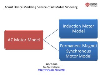 AC Motor Model
Induction Motor
Model
Permanent Magnet
Synchronous
Motor Model
About Device Modeling Service of AC Motor Modeling
16APR2015
Bee Technologies
http://www.bee-tech.info/
 
