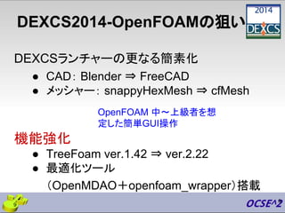 DEXCS2014-OpenFOAMの狙い
DEXCSランチャーの更なる簡素化
● CAD： Blender ⇒ FreeCAD
● メッシャー： snappyHexMesh ⇒ cfMesh
機能強化
● TreeFoam ver.1.42 ...