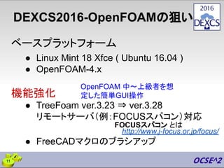 DEXCS2016-OpenFOAMの狙い
ベースプラットフォーム
● Linux Mint 18 Xfce ( Ubuntu 16.04 )
● OpenFOAM-4.x
機能強化
● TreeFoam ver.3.23 ⇒ ver.3.28...