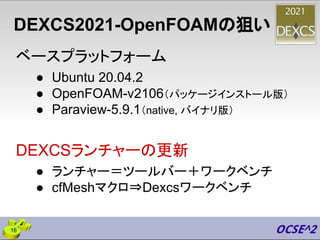DEXCS2021-OpenFOAMの狙い
ベースプラットフォーム
● Ubuntu 20.04.2
● OpenFOAM-v2106（パッケージインストール版）
● Paraview-5.9.1（native, バイナリ版）
DEXCSランチャーの更新
● ランチャー＝ツールバー＋ワークベンチ
● cfMeshマクロ⇒Dexcsワークベンチ
16
 