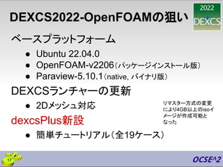 DEXCS2022-OpenFOAMの狙い
ベースプラットフォーム
● Ubuntu 22.04.0
● OpenFOAM-v2206（パッケージインストール版）
● Paraview-5.10.1（native, バイナリ版）
DEXCSランチャーの更新
● 2Dメッシュ対応
dexcsPlus新設
● 簡単チュートリアル（全19ケース）
17
リマスター方式の変更
により4GB以上のisoイ
メージが作成可能と
なった
 