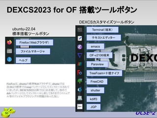 DEXCS2023 for OF 搭載ツールボタン
FreeCAD
TreeFoam+十徳ナイフ
OF-v2106端末
kdiff3
emacs
Firefox（Webブラウザ）
Paraview
shutter
ファイルマネージャ
ヘルプ
Terminal（端末）
ubuntu-22.04
標準搭載ツールボタン
DEXCSカスタマイズツールボタン
50
テキストエディター
FireFoxは、ubuntuの標準Webブラウザで、ubuntuでは
22.04より標準ではsnapパッケージとしてインストールされて
いましたが、DEXCS2022以降ではこれを廃して、改めて
debパッケージとしてインストールし直してあります（マニュア
ル等のファイルブラウジングの問題があった為）。
JGP
 