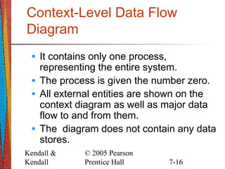Kendall &
Kendall
© 2005 Pearson
Prentice Hall 7-16
Context-Level Data Flow
Diagram
• It contains only one process,
representing the entire system.
• The process is given the number zero.
• All external entities are shown on the
context diagram as well as major data
flow to and from them.
• The diagram does not contain any data
stores.
 