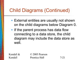 Kendall &
Kendall
© 2005 Pearson
Prentice Hall 7-21
Child Diagrams (Continued)
• External entities are usually not shown
on the child diagrams below Diagram 0.
• If the parent process has data flow
connecting to a data store, the child
diagram may include the data store as
well.
 