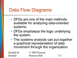 Kendall &
Kendall
© 2005 Pearson
Prentice Hall 7-3
Data Flow Diagrams
• DFDs are one of the main methods
available for analyzing data-oriented
systems.
• DFDs emphasize the logic underlying
the system.
• The systems analysts can put together
a graphical representation of data
movement through the organization.
 