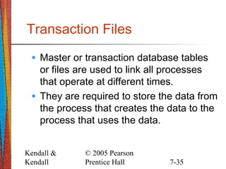 Kendall &
Kendall
© 2005 Pearson
Prentice Hall 7-35
Transaction Files
• Master or transaction database tables
or files are used to link all processes
that operate at different times.
• They are required to store the data from
the process that creates the data to the
process that uses the data.
 