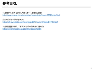 参考URL
17
1)基礎から始めるDB入門セミナー（基礎の基礎）
http://www.oracle.com/technetwork/jp/articles/index-155234-ja.html
2)AWSのデータ分析入門
https://d0.awsstatic.com/events/jp/2017/summit/slide/D4T3-2.pdf
3)分析基盤の導入に不可欠なデータ統合の進め方
https://enterprisezine.jp/dbonline/detail/10085
 