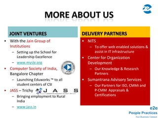 HR Audits & HR Technical TrainingCulture Change InterventionsAssessments & Leadership DevelopmentPioneering P-CMM 			Unique Trainings&Awards360 Degree Leader Appraisals & Comp & Ben SurveysOur Examples of SuccessISO 9001:2000 CertifiedBuilding HR Capabilities