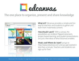 Theoneplacetoorganize,presentandshareknowledge
What is it? Edcanvas provides a simple and fun
way for teachers and students to gather and
learn from multimedia content.
With a canvas, the
possibilities are endless! Flipped classroom,
project-based learning, and student presentations
are just a few ideas of what Edcanvas enables.
Just go to
http://www.edcanvas.com and you get started in
less than a minute. Teachers and students can
sign up for free!
How should I use it?
Woah, cool! Where do I start?
Edcanvas is the one place to organize, present and share knowledge. Learn more at www.edcanvas.com.
 