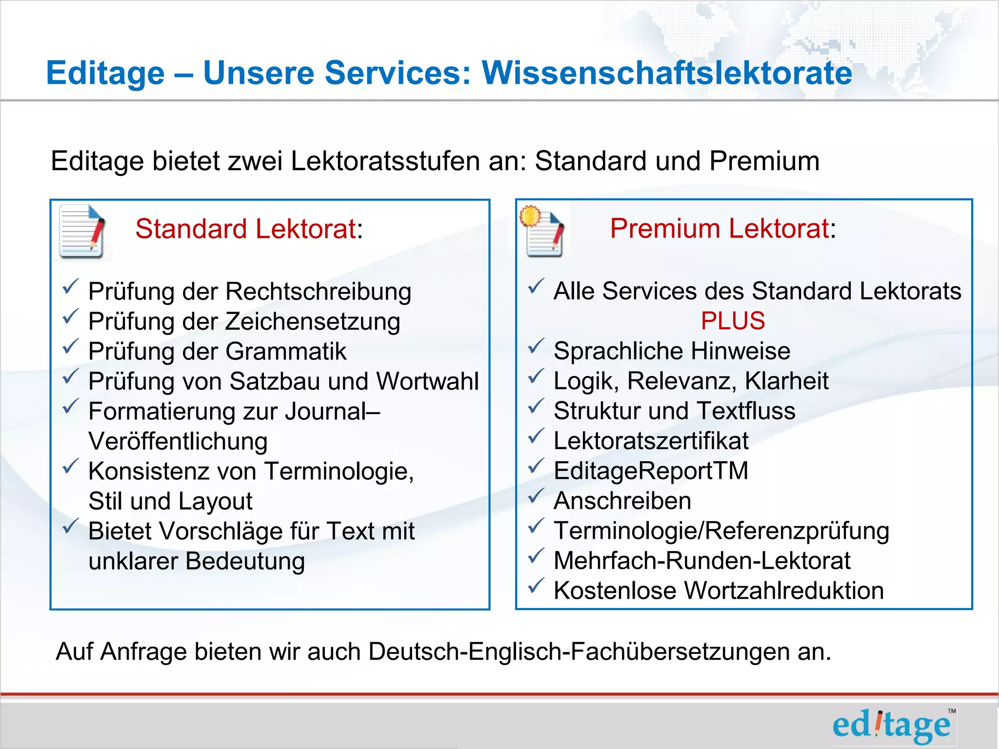 Editage – Unsere Services: Wissenschaftslektorate

Editage bietet zwei Lektoratsstufen an: Standard und Premium

      Standard Lektorat:                       Premium Lektorat:

 Prüfung der Rechtschreibung           Alle Services des Standard Lektorats
 Prüfung der Zeichensetzung                           PLUS
 Prüfung der Grammatik                 Sprachliche Hinweise
 Prüfung von Satzbau und Wortwahl      Logik, Relevanz, Klarheit
 Formatierung zur Journal–             Struktur und Textfluss
  Veröffentlichung                      Lektoratszertifikat
 Konsistenz von Terminologie,          EditageReportTM
  Stil und Layout                       Anschreiben
 Bietet Vorschläge für Text mit        Terminologie/Referenzprüfung
  unklarer Bedeutung                    Mehrfach-Runden-Lektorat
                                        Kostenlose Wortzahlreduktion

Auf Anfrage bieten wir auch Deutsch-Englisch-Fachübersetzungen an.
 