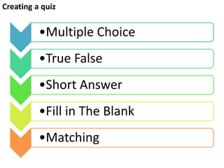 •Multiple Choice
•True False
•Short Answer
•Fill in The Blank
•Matching
Creating a quiz
 