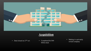 Acquisition
• Deal closed on 27th oct • Completed his $44
billion deal.
• Making it a privately
owned company
 