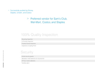 > Successfully audited by Disney,
                                             Staples, Uniden, and Costco


                                                                      > Preferred vendor for Sam’s Club,
                                                                        Wal-Mart, Costco, and Staples



                                                           100% Quality Inspection
                                                            Receiving Inspection
                                                            In-Process Inspection
                                                            Finished Goods Inspection
                                                            Inspection at Loading Point




                                                           Security
opterations | EnviRO pAckAging sOlutiOns




                                                            Armed security guards
                                                            Mandatory metal detectors for all personnel
                                                            Off-hour motion detectors
                                                            Facilities alarm
 