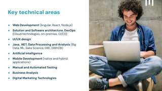 Key technical areas
● Web Development (Angular, React, Node.js)
● Solution and Software architecture, DevOps
(Cloud technologies, on-premise, CI/CD)
● UI/UX design
● Java, .NET, Data Processing and Analysis (Big
Data, ML, Data Science, DBE, DWH/BI)
● Artiﬁcial Intelligence
● Mobile Development (native and hybrid
applications)
● Manual and Automated Testing
● Business Analysis
● Digital Marketing Technologies
 