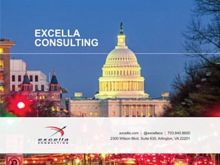 EXCELLA
CONSULTING
excella.com | @excellaco | 703.840.8600
2300 Wilson Blvd. Suite 630, Arlington, VA 22201
 