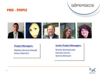 9
PMG - PEOPLE
Project	Managers:
Matteo	Gerosa	(Head)
Silvia	Valentini
Junior	Project	Managers:
Danilo	Giampiccolo
Pamela	Forner
Serena	Bressan
 