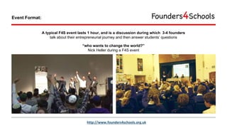 A typical F4S event lasts 1 hour, and is a discussion during which 3-4 founders
talk about their entrepreneurial journey a...
