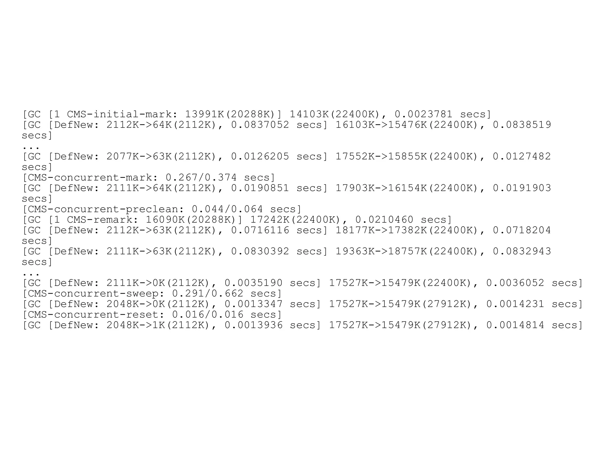[GC [1 CMS-initial-mark: 13991K(20288K)] 14103K(22400K), 0.0023781 secs]
[GC [DefNew: 2112K->64K(2112K), 0.0837052 secs] 16103K->15476K(22400K), 0.0838519
secs]
...
[GC [DefNew: 2077K->63K(2112K), 0.0126205 secs] 17552K->15855K(22400K), 0.0127482
secs]
[CMS-concurrent-mark: 0.267/0.374 secs]
[GC [DefNew: 2111K->64K(2112K), 0.0190851 secs] 17903K->16154K(22400K), 0.0191903
secs]
[CMS-concurrent-preclean: 0.044/0.064 secs]
[GC [1 CMS-remark: 16090K(20288K)] 17242K(22400K), 0.0210460 secs]
[GC [DefNew: 2112K->63K(2112K), 0.0716116 secs] 18177K->17382K(22400K), 0.0718204
secs]
[GC [DefNew: 2111K->63K(2112K), 0.0830392 secs] 19363K->18757K(22400K), 0.0832943
secs]
...
[GC [DefNew: 2111K->0K(2112K), 0.0035190 secs] 17527K->15479K(22400K), 0.0036052 secs]
[CMS-concurrent-sweep: 0.291/0.662 secs]
[GC [DefNew: 2048K->0K(2112K), 0.0013347 secs] 17527K->15479K(27912K), 0.0014231 secs]
[CMS-concurrent-reset: 0.016/0.016 secs]
[GC [DefNew: 2048K->1K(2112K), 0.0013936 secs] 17527K->15479K(27912K), 0.0014814 secs]
 