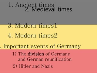 2. Medieval times
1. Ancient times
3. Modern times1
4. Modern times2
. Important events of Germany
1) The division of Germany
and German reunification
2) Hitler and Nazis
 