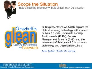 Scope the Situation State of Learning Technology • State of Business • Our Situation In this presentation we briefly explore the state of learning technology with respect to Web 2.0 tools, Personal Learning Environments (PLEs), Course Management Systems (CMS) and the movement of Enterprise 2.0 in business technology and organization culture.  Susan Gautsch • Director of e-Learning 
