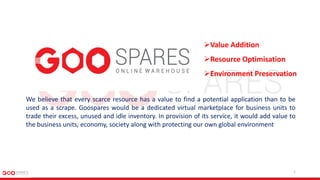 Value Addition
Resource Optimisation
Environment Preservation
We believe that every scarce resource has a value to find a potential application than to be
used as a scrape. Goospares would be a dedicated virtual marketplace for business units to
trade their excess, unused and idle inventory. In provision of its service, it would add value to
the business units, economy, society along with protecting our own global environment
1
 