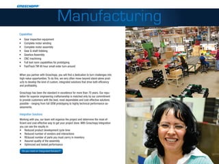 Manufacturing
Capabilities
•	    Gear inspection equipment
•	    Complete motor winding
•	    Complete motor assembly
•	    Gear & shaft hobbing
•	    Gearbox Assembly
•	    CNC machining
•	    Full tool room capabilities for prototyping
•	    FastTrack TM 48 hour small order turn-around

When you partner with Groschopp, you will find a dedication to turn challenges into
high-value opportunities. To do this, we very often move beyond stand-alone prod-
ucts to develop the kind of custom, integrated solutions that drive both efficiency
and profitability.

Groschopp has been the standard in excellence for more than 70 years. Our repu-
tation for superior engineering craftsmanship is matched only by our commitment
to provide customers with the best, most dependable and cost-effective solutions
possible - ranging from full OEM prototyping to highly technical performance as-
sessments.

Integration Solutions
Working with you, our team will organize the project and determine the most ef-
ficient and cost-effective way to get your project done. WIth Groschopp Integration
you can see the results in:
•	 Reduced product development cycle time
•	 Reduced number of vendors and interactions
•	 REduced number of parts you must carrry in inventory
•	 Assured quality of the assembly
•	 Optimized and tested performance

     Do you need an Integrated Solution?
 