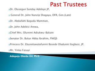 Dr. Olusegun Sunday Adeleye JP,
 General Dr. John Nanzip Shagaya, OFR, Gen.(Late)
Dr. Abdullahi Bagudu Mamman,
Dr. John Adebisi Arewa,
Chief Mrs. Oluremi Adiukwu-Bakare
Senator Dr. Bukar Abba Ibrahim, FNIQS
Princess Dr. Ebunoluwatofunmi Bosede Oladunni Ilugbusi, JP.
Mr. Yinka Fasuyi
Adepeju Olaide Oti, Ph.D.
 