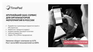 КРУПНЕЙШИЙ SAAS-СЕРВИС
ДЛЯ ОРГАНИЗАТОРОВ
МЕРОПРИЯТИЙ В РОССИИ
• Разработка и реализация маркетинговой и
PR стратегии
• Маркетинг продукта (сервис)
• Корректировка ценовой политики
• Inbound маркетинг
• Digital, PR и Offline продвижение
Увеличен оборот компании на 117%
Рост числа B2B пользователей на 100% МАРКЕТИНГОВАЯ СТРАТЕГИЯ
 
