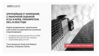 • Конференция Виртуальная Россия ’2014
• Roadshow Россия-СНГ (15 городов)
• Серия вебинаров для CIO
КРУПНЕЙШАЯ IT-КОМПАНИЯ,
С РЫНОЧНОЙ ОЦЕНКОЙ
В $11.9 МЛРД. ПРИОБРЕТЕНА
DELL В 2015 ГОДУ
Типы бизнесов: Small and Medium
Business, Enterprise Clients
РЕКОРДНАЯ ЯВКА УЧАСТНИКОВ
Digital продвижение, привлечение
участников на мероприятия компании
(лидогенерация):
 