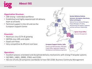 About ISG
www.isg-technology.com
Organisation Structure:
• 200-strong + extended workforce
• Established and highly experienced UK delivery
team at all levels
• Technical support in the UK and via the
European Support Centre
Financials:
• Revenues circa £17m & growing
• EBITDA circa 10% and stable
• Good cash flows
• Very competitive & efficient cost base
Operations:
• Excellent process orientated and disciplined delivery mechanisms with strong IT bespoke systems
• ISO 9001, 14001, 20000, 27001 and 22301
• ISG one of only 20 companies worldwide to have ISO 22301 Business Continuity Management
 