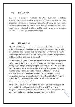 17
11) ISO and CSA
ISO is international whereas the CSA (Canadian Standards
Association) coverage area is Canada only. CSA standards fall into these
categories: construction products, electrical/electronics, gas equipment,
health care technology as well as fields such as: occupational health and
safety, major industrial accidents, public safety, energy, environment,
information technology, telecommunications.
12) ISO and Crisil
The ISO 9000 family addresses various aspects of quality management
and contains some of ISO’s best known standards. The standards provide
guidance and tools for companies and organizations who want to ensure
that their products and services consistently meet customer’s requirements,
and that quality is consistently improved.
CRISIL brings 24 years of credit rating and industry evaluation experience
to the rating of SMEs. CRISIL is India’s first and largest rating agency
having begun ratings for Large companies as early as 1987. We have rated
over 24500 debt instruments issued by over 8656 debt issuers, including
manufacturing companies, banks, financial institutions (FIs), state
governments and municipal corporations. CRISIL is India’s largest
independent industry research house providing detailed industry research
reports on 52 industries to large banks, consultancies and research
organizations across the country.
From above discussion it is clear that the ISO is for quality management
rating and Crisil is debt oriented rating. Moreover ISO has global
recognized whereas Crisil is not. But in Indian business environment it is
suggested that both are required for rapid growth of business.
 