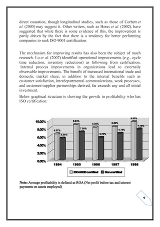 9
direct causation, though longitudinal studies, such as those of Corbett et
al. (2005) may suggest it. Other writers, such as Heras et al. (2002), have
suggested that while there is some evidence of this, the improvement is
partly driven by the fact that there is a tendency for better performing
companies to seek ISO 9001 certification.
The mechanism for improving results has also been the subject of much
research. Lo et al. (2007) identified operational improvements (e.g., cycle
time reduction, inventory reductions) as following from certification.
Internal process improvements in organizations lead to externally
observable improvements. The benefit of increased international trade and
domestic market share, in addition to the internal benefits such as
customer satisfaction, interdepartmental communications, work processes,
and customer/supplier partnerships derived, far exceeds any and all initial
investment.
Below graphical structure is showing the growth in profitability who has
ISO certification:
 