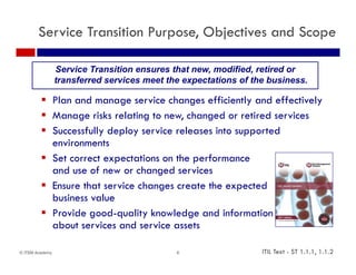 Service Transition Purpose, Objectives and Scope

                 Service Transition ensures that new, modified, retired or
                 transferred services meet the expectations of the business.

          Plan and manage service changes efficiently and effectively
          Manage risks relating to new, changed or retired services
                 g              g       ,     g
          Successfully deploy service releases into supported
           environments
          S correct expectations on the performance
           Set                  i       h     f
           and use of new or changed services
          Ensure that service changes create the expected
                                   g                 p
           business value
          Provide good-quality knowledge and information
           about services and service assets

© ITSM Academy                               6                   ITIL Text - ST 1.1.1, 1.1.2
 