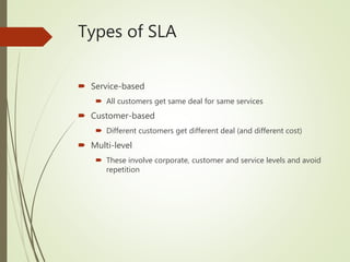 Types of SLA
 Service-based
 All customers get same deal for same services
 Customer-based
 Different customers get different deal (and different cost)
 Multi-level
 These involve corporate, customer and service levels and avoid
repetition
 
