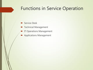 Functions in Service Operation
 Service Desk
 Technical Management
 IT Operations Management
 Applications Management
 