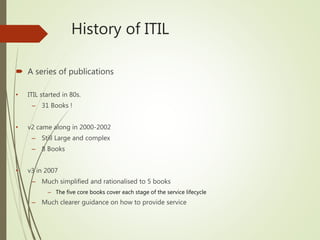 History of ITIL
 A series of publications
• ITIL started in 80s.
– 31 Books !
• v2 came along in 2000-2002
– Still Large and complex
– 8 Books
• v3 in 2007
– Much simplified and rationalised to 5 books
– The five core books cover each stage of the service lifecycle
– Much clearer guidance on how to provide service
 