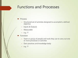 Functions and Processes
 Process
– Structured set of activities designed to accomplish a defined
objective
– Inputs & Outputs
– Measurable
– e.g. ??
 Function
– Team or group of people and tools they use to carry out one
or more processes or activities
– Own practices and knowledge body
– e.g. ??
 