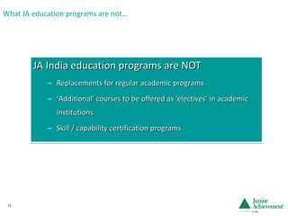 What JA education programs are not… JA India education programs are NOT Replacements for regular academic programs ‘ Additional’ courses to be offered as ‘electives’ in academic institutions Skill / capability certification programs 