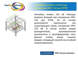 Линейная ячейка 110 кВ при
построении ОРУ-110 для КТПБ.

Линейная ячейка 110 кВ «Каскад»
является базовой при построении ОРУ-
110 для КТПБ. На её основе
выполняются       практически     все
существующие схемы построения ОРУ-
110 кВ. В состав ячейки входят
разъединители,        высоковольтный
выключатель и трансформаторы тока.
Данная     ячейка   может     служить
вводом, отходящей линией или ячейкой
секционирования.



                  НПФ «Альянс-Электро»
 