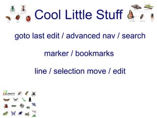 Cool Little Stuff
goto last edit / advanced nav / search

        marker / bookmarks

     line / selection move / edit
 