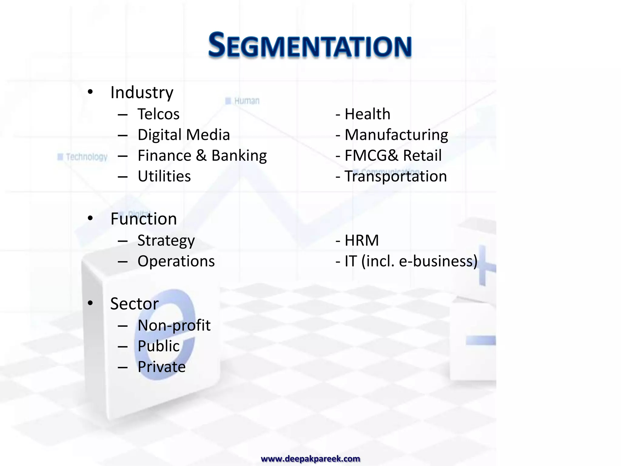 To give an overview of the courseTo know the definition, history and purpose of management consultingTo understand the consultancy market: the main players, industry segmentation, clients and trendsTo gain an overview of the consulting life-cycleTo understand the basics of approaching cases, guestimating and analysing.Today’s Learning Objectiveswww.deepakpareek.com