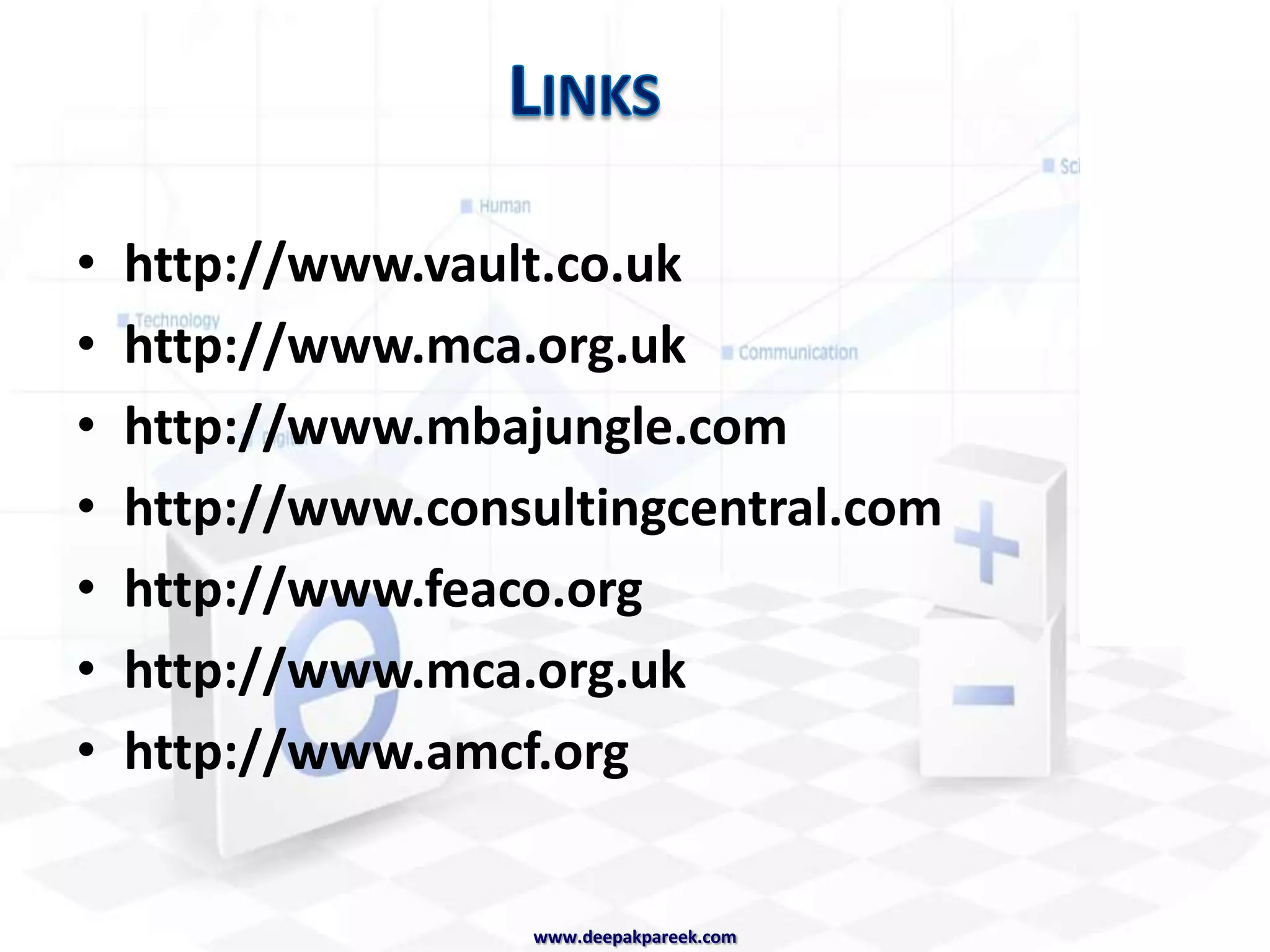Basic Salaries (UK)Graduate		£20 – 26kJunior Project Lead	£30 – 35k	Team Leader	£40 – 60kSenior Consultant	£60 – 80kPrinciple Consultant	£70 – 100kPartner		£100k ++ 10 – 20% bonus+ car+ health care, share optionsHighest salaries earned at niche consultancieswww.deepakpareek.com