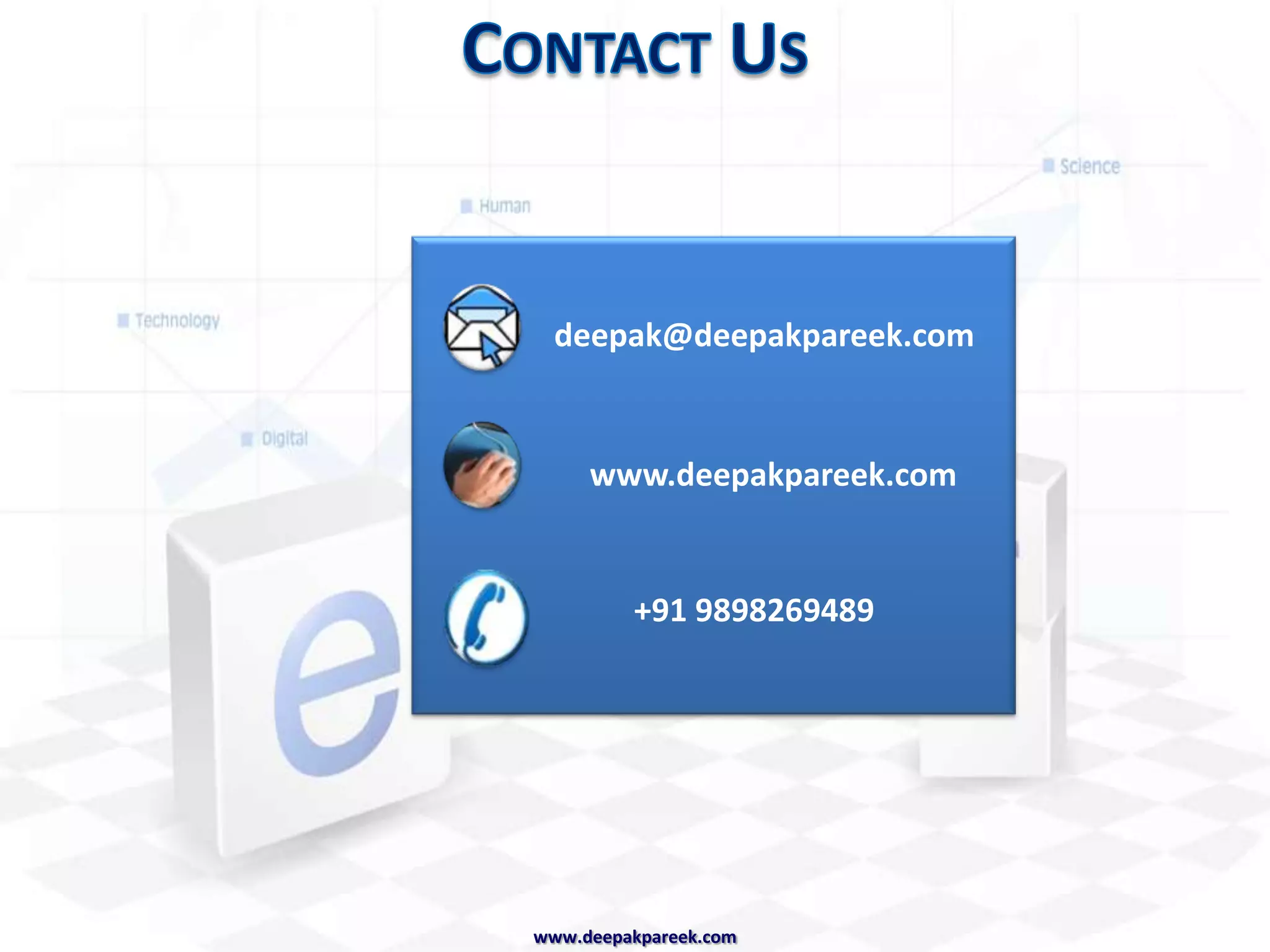 Design your own ConsultancyIn pairs: you and 20 consultants wish to start your own medium-sized consultancy. You will consult on general strategic management issues such as mergers and acquisitions, outsourcing and new product development. Write 10 scenarios (5 each) that you think might be likely to occur whilst running this consultancy. What functions, departments and skills will you need in the consultancy. Sketch a brief organisational design and strategy outlining:Skills RequiredStructure & FunctionMajor CostsKey problemswww.deepakpareek.com