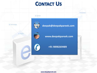 Design your own ConsultancyIn pairs: you and 20 consultants wish to start your own medium-sized consultancy. You will consult on general strategic management issues such as mergers and acquisitions, outsourcing and new product development. Write 10 scenarios (5 each) that you think might be likely to occur whilst running this consultancy. What functions, departments and skills will you need in the consultancy. Sketch a brief organisational design and strategy outlining:Skills RequiredStructure & FunctionMajor CostsKey problemswww.deepakpareek.com