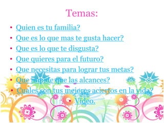 Temas:
•   Quien es tu familia?
•   Que es lo que mas te gusta hacer?
•   Que es lo que te disgusta?
•   Que quieres para el futuro?
•   Que necesitas para lograr tus metas?
•   Que impide que las alcances?
•   Cuales son tus mejores aciertos en la vida?
                     • Vídeo.
 