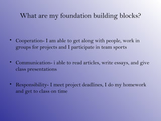 What are my foundation building blocks?


• Cooperation- I am able to get along with people, work in
  groups for projects and I participate in team sports

• Communication- i able to read articles, write essays, and give
  class presentations

• Responsibility- I meet project deadlines, I do my homework
  and get to class on time
 